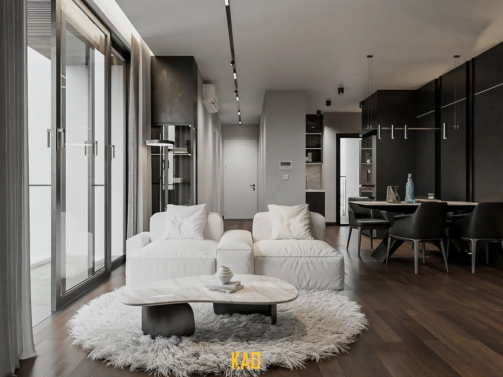 Tủ kệ âm tường, bảng màu trầm đồng bộ và ánh sáng nhiều lớp biến khoảng trống thành chỗ ở có chủ ý.